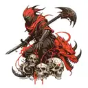 A black ninja with a sword next to a black dragon next to a skull tattoo design idea