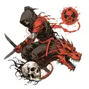 A black ninja with a sword next to a black dragon next to a skull tattoo design idea