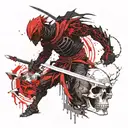 A black ninja with a sword next to a black dragon next to a skull tattoo design idea