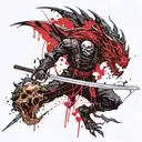 A black ninja with a sword next to a black dragon next to a skull tattoo design idea