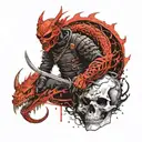 A black ninja with a sword next to a black dragon next to a skull tattoo design idea