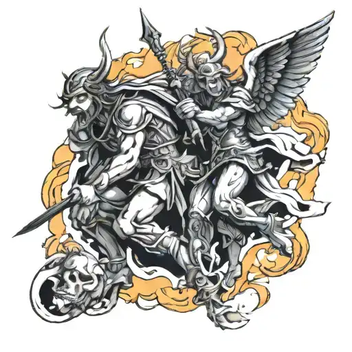 angels and demons war scene tattoo design idea