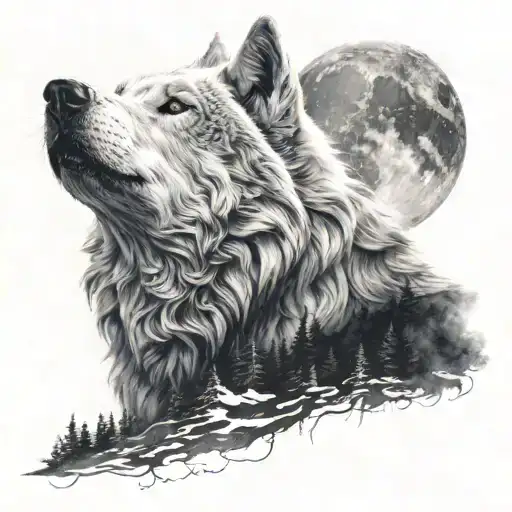 one white wolf howling with black wolf inside representing good and evil  tattoo design idea