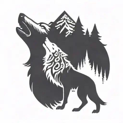 one white wolf howling at the moon with black wolf inside surrounded by river and trees  tattoo design idea