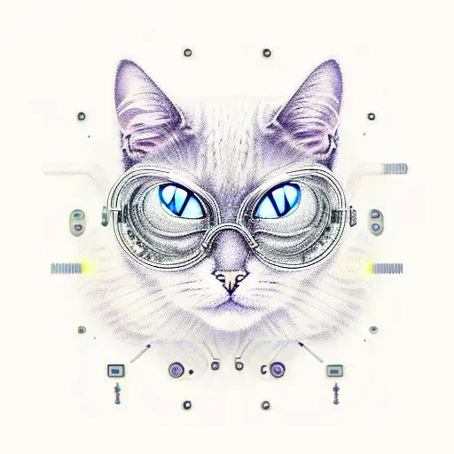 A realistic portrait of a cybernetic cat with circuitry patterns tattoo design idea