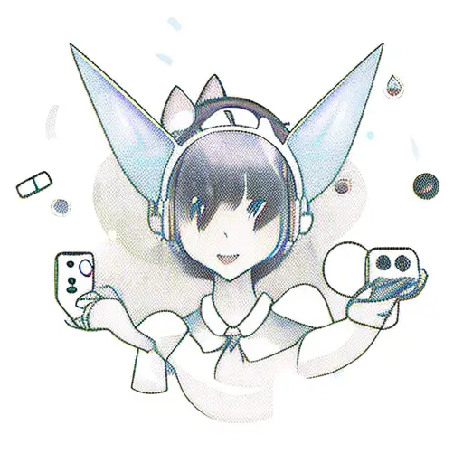A mysterious girl with cat ears and a tail, surrounded by floating game controllers tattoo design idea