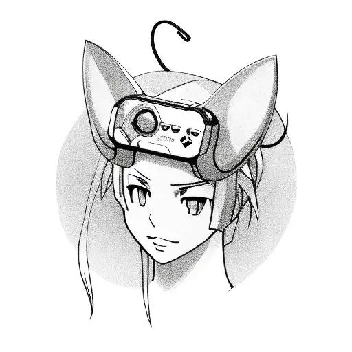 A mysterious girl with cat ears and a tail, surrounded by floating game controllers tattoo design idea