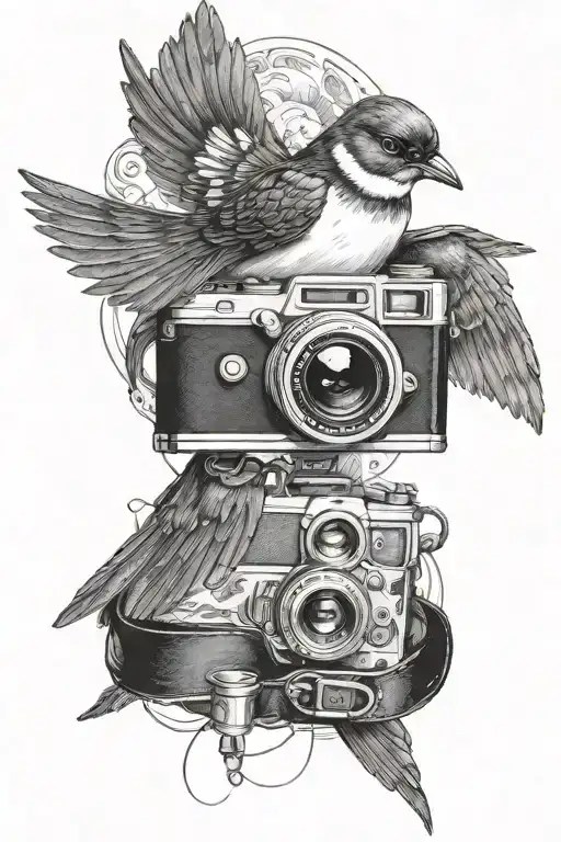 swallow with camera around its neck tattoo design idea
