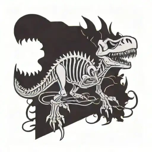 A traditional style tattoo of a dinosaur skeleton intertwined with cursive script of Izak's name tattoo design idea