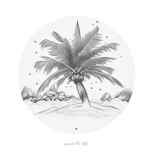 A serene landscape tattoo featuring palm trees and a bible quote intertwined with the branches tattoo design idea