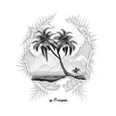 A serene landscape tattoo featuring palm trees and a bible quote intertwined with the branches tattoo design idea