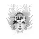 featuring a woman with dark skin, wavy hair, slightly slanted eyes, and a beauty mark on the left side of the upper lip. tattoo design idea