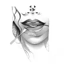 featuring a woman with dark skin, wavy hair, slightly slanted eyes, and a beauty mark on the left side of the upper lip. tattoo design idea