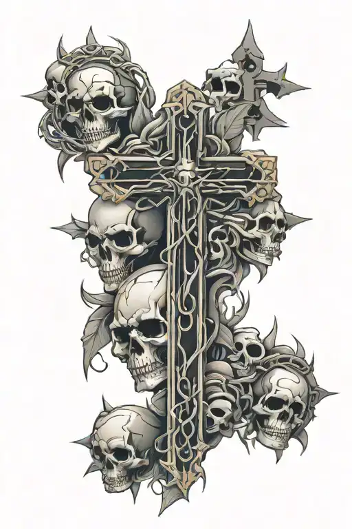 Cross with a crown of thorns hanging off of it with skulls around  tattoo design idea