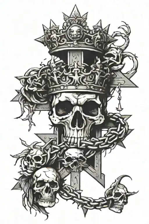 Cross with a crown of thorns hanging off of it with skulls around  tattoo design idea