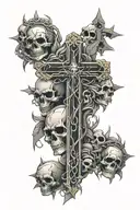 Cross with a crown of thorns hanging off of it with skulls around  tattoo design idea