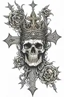 Cross with a crown of thorns hanging off of it with skulls around  tattoo design idea