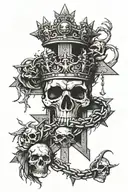 Cross with a crown of thorns hanging off of it with skulls around  tattoo design idea