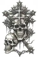 Cross with a crown of thorns hanging off of it with skulls around  tattoo design idea