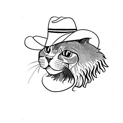 A blackwork tattoo of a cat wearing a cowboy hat sitting on a pile of books tattoo design idea