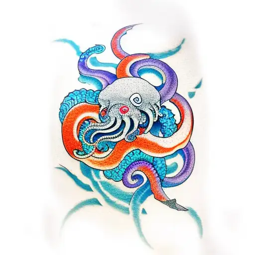 Colorful kraken half-sleeve with aquatic life, Japanese style tattoo design idea
