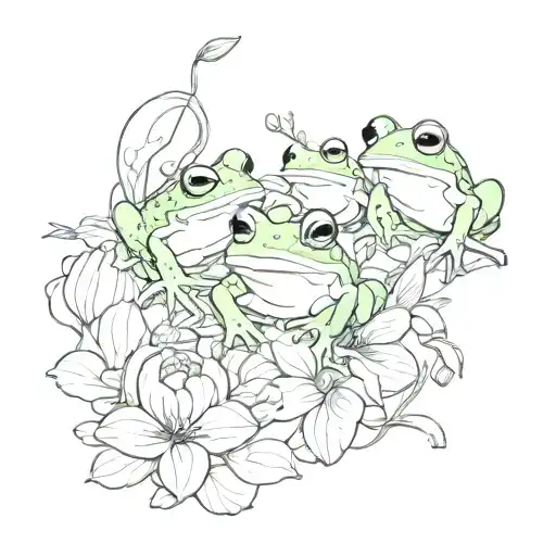 A whimsical design of frogs playing amongst scary flowers tattoo design idea