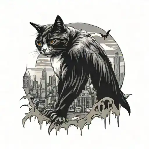 A tattoo of a cat dressed as the Penguin, surrounded by a Gotham City skyline with a bat signal in the sky tattoo design idea