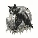 A tattoo of a cat dressed as the Penguin, surrounded by a Gotham City skyline with a bat signal in the sky tattoo design idea