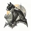 A tattoo of a cat dressed as the Penguin, surrounded by a Gotham City skyline with a bat signal in the sky tattoo design idea