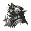 A tattoo of a cat dressed as the Penguin, surrounded by a Gotham City skyline with a bat signal in the sky tattoo design idea