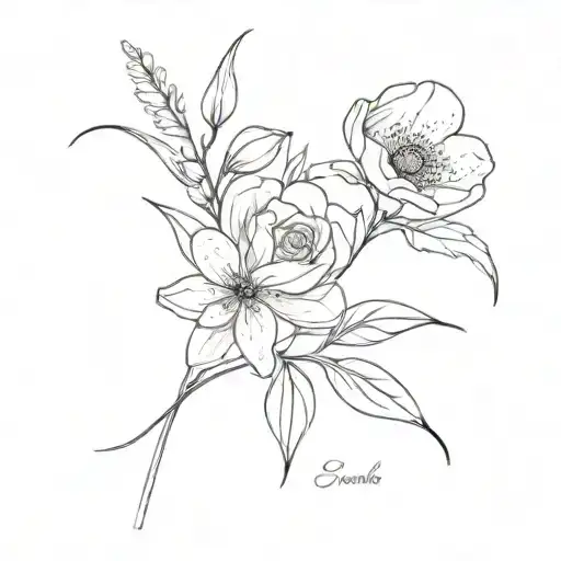 February, march, may birth flower boquet held together tattoo design idea