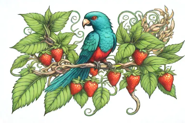 quetzal bird with long tail and very long feathers landing on a strawberry vine tattoo design idea