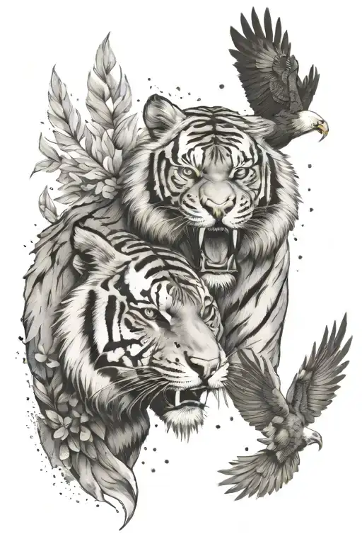 A fierce tiger and bald eagle facing off in a tattoo design inspired by the client's love for nature and animals tattoo design idea