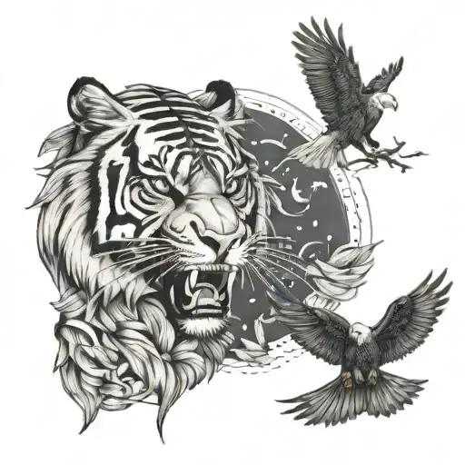 A fierce tiger and bald eagle facing off in a tattoo design inspired by the client's love for nature and animals tattoo design idea