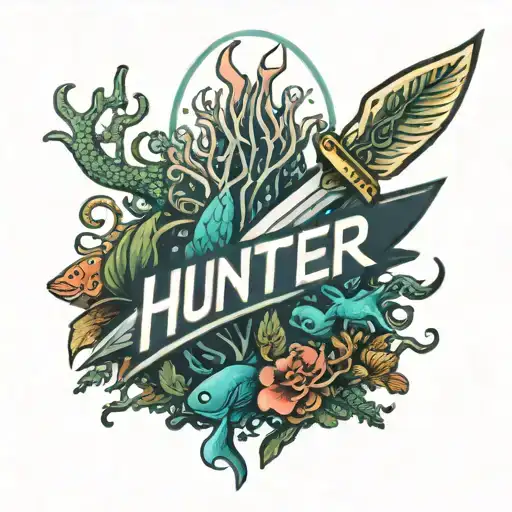 coral reef with a knife and the word hunter   tattoo design idea