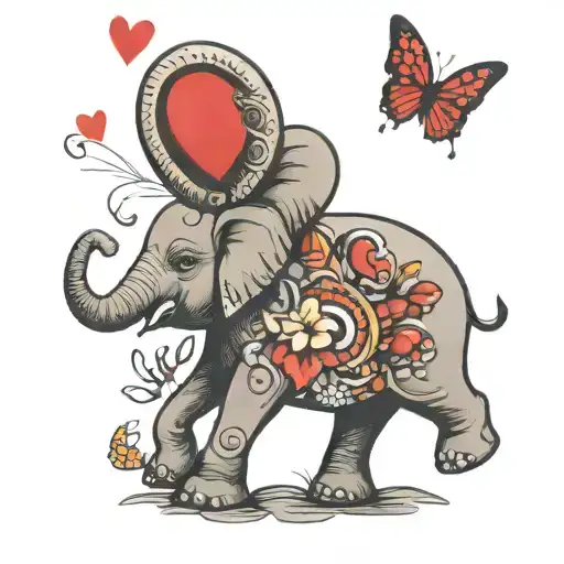 elephant, peanut, butterfly, red heart balloons floating, love carries all tattoo design idea