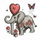 elephant, peanut, butterfly, red heart balloons floating, love carries all tattoo design idea