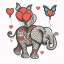 elephant, peanut, butterfly, red heart balloons floating, love carries all tattoo design idea