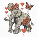 elephant, peanut, butterfly, red heart balloons floating, love carries all tattoo design idea