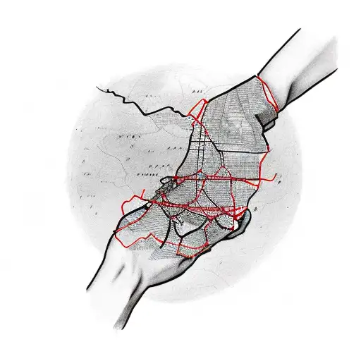 two hands one hand is half of a map with a red string that starts in the Philippines and another hand with a map that st tattoo design idea