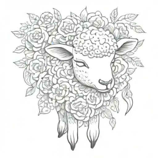 cute sleeping lamb in flowers blooming tattoo design idea