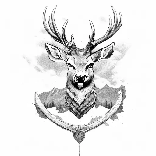 viking slave, deer, axe , forest tattoo design idea