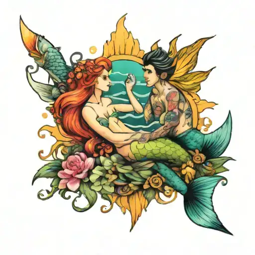 mermaid and merman sunbathing tattoo design idea