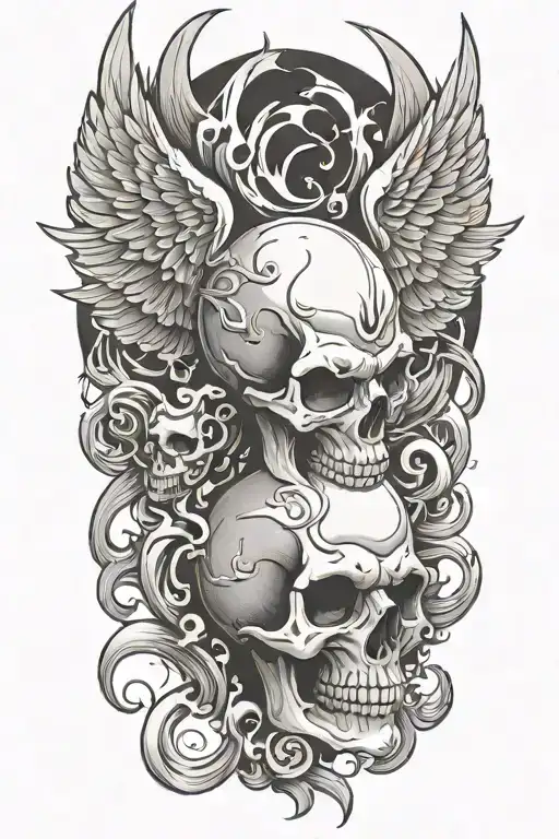good evil skull angel flames tattoo design idea