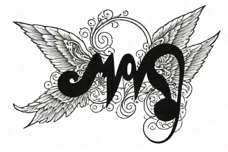 wings with initials "MB" music note tattoo design idea