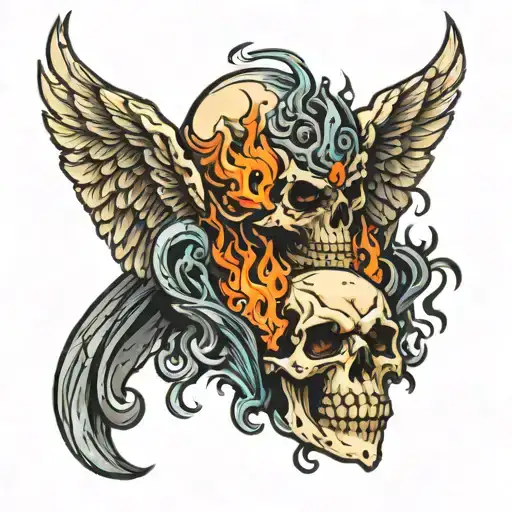 good evil skull angel flames tattoo design idea