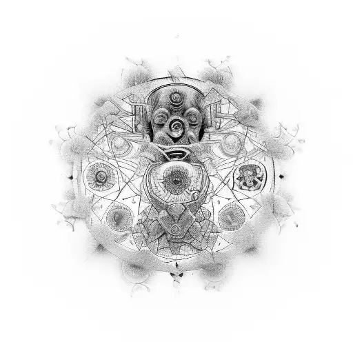 A surrealistic portrait of Sigmund Freud surrounded by intricate mandalas and symbols representing different aspects of psychology. tattoo design idea