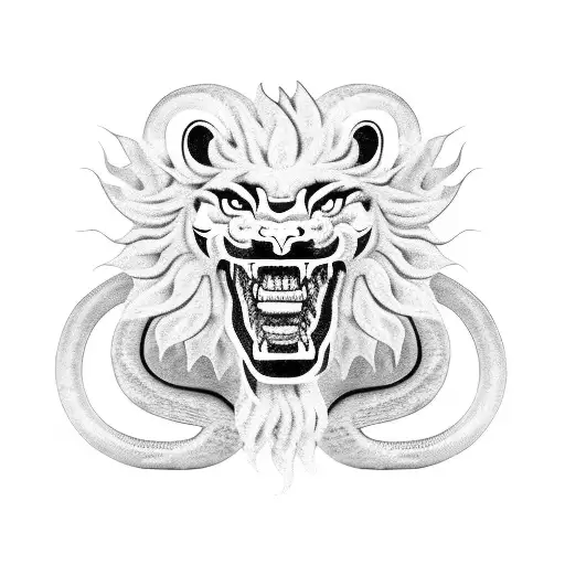 chinese guardian lion in combat with a snake tattoo design idea