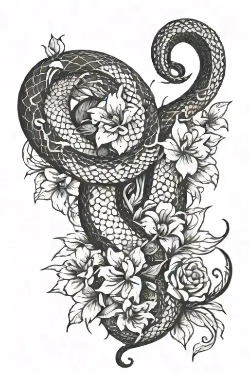 snake, crescent, flowers, black and white style, amazing detail tattoo design idea
