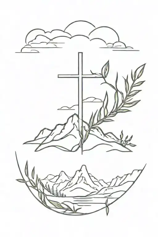 mountain, cross, olive branch spine piece  tattoo design idea